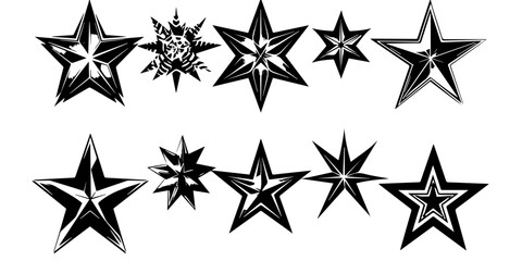 Set of black star icons and starburst shapes on white background. Collection of various decorative stars in different outlines and fills. Geometric celestial illustration elements.