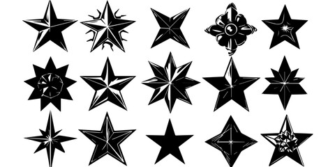 Set of black star icons and starburst shapes on white background. Collection of various decorative stars in different outlines and fills. Geometric celestial illustration elements.