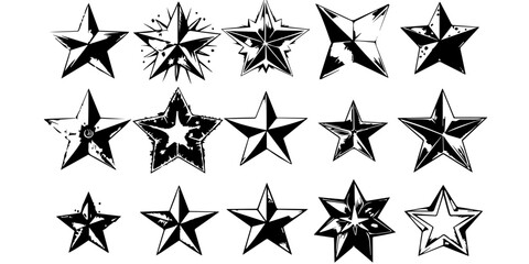 Fototapeta premium Set of black star icons and starburst shapes on white background. Collection of various decorative stars in different outlines and fills. Geometric celestial illustration elements.