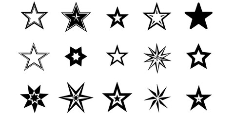Fototapeta premium Set of black star icons and starburst shapes on white background. Collection of various decorative stars in different outlines and fills. Geometric celestial illustration elements.