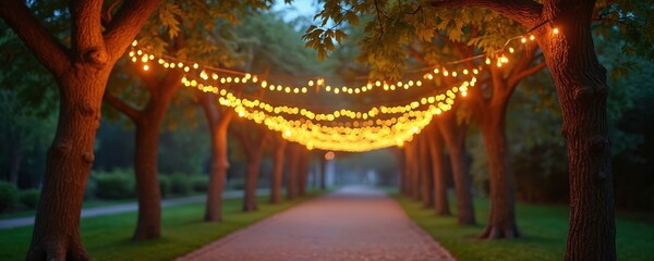 Pathway illuminated by string lights creates magical atmosphere in green garden at dusk. Twinkling fairy lights invite to romantic evening stroll, summer party, backyard gathering, rustic ambiance.