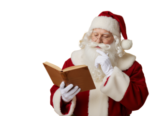 Santa Claus wearing his traditional red suit and hat, reading a book with a thoughtful expression