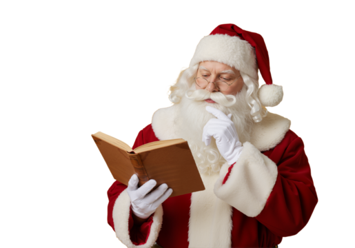 Santa Claus wearing his traditional red suit and hat, reading a book with a thoughtful expression