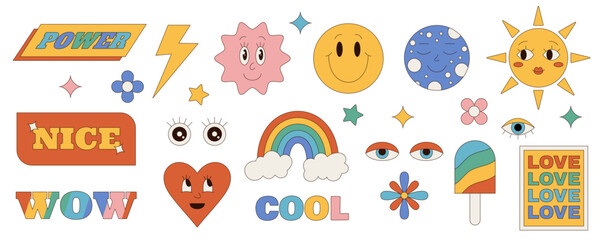 Naklejka premium Groovy retro cartoon sticker set in colorful y2k style. Fun smiley, rainbow and heart with sun as groovy element add playful retro vibe. Unique set for creative and fun sticker projects.