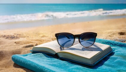 sunglasses and a book lie on a blue towel next to the ocean on a bright sunny beach day