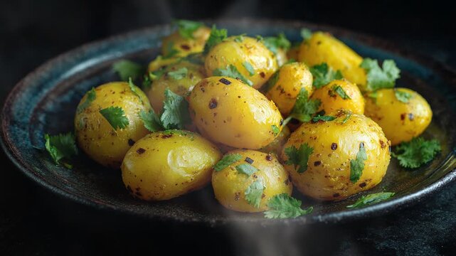 Tatws pum munud or five-minute potatoes on dark background with smoke