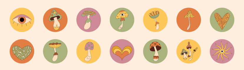Groovy retro set of colorful mushroom stickers in unique cartoon graphic style sticker. Psychedelic shroom circle labels for fantasy package or lid, with y2k influence. Sticker set for package or box