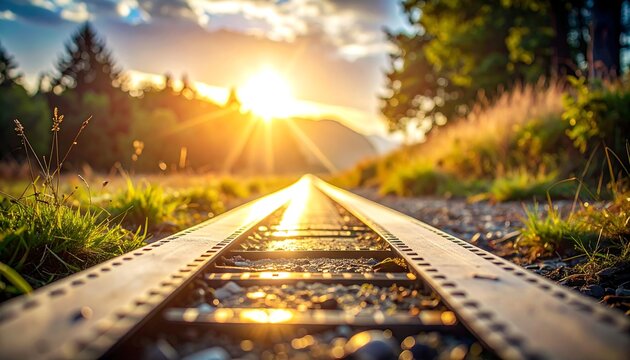 Sun-drenched train tracks through forest
