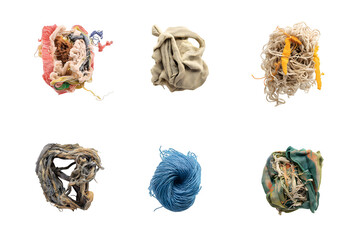 Colorful yarn balls display woven textures on a dark background, suitable for textile product photography, craft design, or creative arts industry marketing.