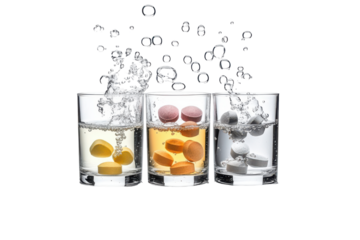 Glasses of refreshing drinks with tablets isolated on transparent background. Effervescent tablets dissolving in water with bubbles isolated on white background.