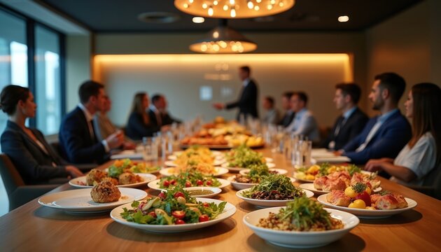 Office meeting buffet table features diverse food options, drinks for participants. Colleagues enjoy meal together during corporate event, fostering conversation, team bonding. Served in hotel, cafe,