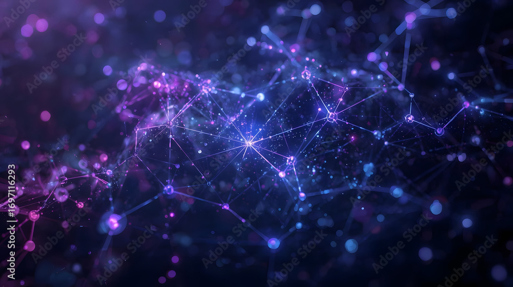Poster interconnected digital universe: an abstract representation of a digital network, with glowing nodes