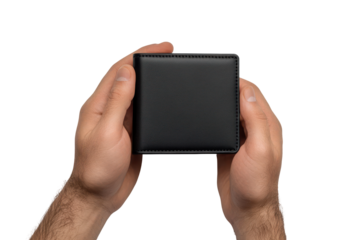 Hands holding a black leather wallet isolated on transparent background. Empty black wallet in male hands isolated on white background.