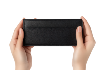 Hands holding a black leather wallet isolated on transparent background. Empty black wallet in male hands isolated on white background.