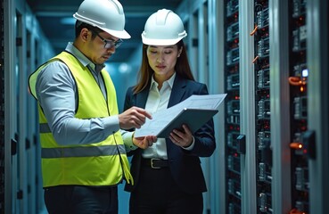 Asian male female engineers discuss data center technical plans. Wear helmets, vests, work in server room. Pro specialists team working with servers, data storage, cloud computing. Data center,