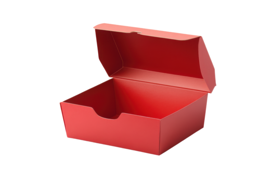 Open red cardboard box isolated on transparent background. Empty red carton package box for french potato fries isolated on white background.