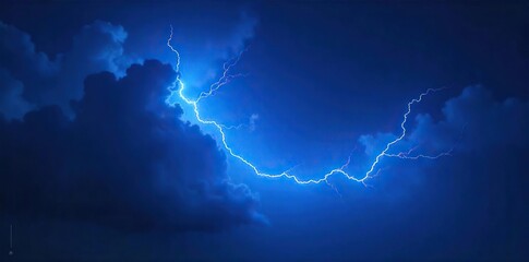 Electric blue lightning bolt streaks across a dark night sky, illuminating clouds with vibrant energy A powerful display of nature's raw electricity , force, cosmic, bright