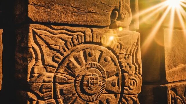 Intricate ancient stone carvings illuminated by sunlight, showcasing historical artistry and culture