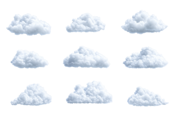 Collection of fluffy white clouds isolated on transparent background. Fluffy white clouds isolated on white background.
