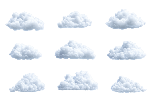 Collection of fluffy white clouds isolated on transparent background. Fluffy white clouds isolated on white background. - Powered by Adobe