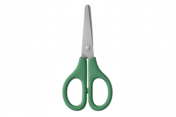 Green scissors featuring sharp metal blades, positioned against transparent backdrop, ready for precise crafting and design work