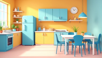 Cozy cartoon kitchen interior with vibrant pastel blue, yellow furniture. Features modern cabinets, stove, sink, clean dining area with chairs. Minimalist design, comfortable atmosphere, bright