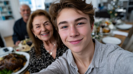 A joyful family gathering where a young man happily takes a selfie with his grandmother, capturing a moment filled with warmth, love, and delicious food on the table.