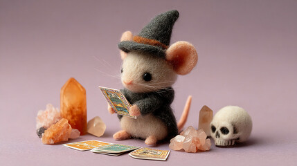 Felt Mouse Witch with Tarot Cards, Crystals, and Skull on Purple Background