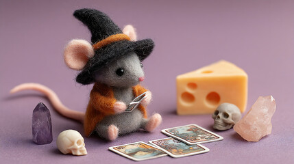 Cute Felt Mouse Witch with Tarot Cards, Crystals, Skulls, and Cheese on Purple Background