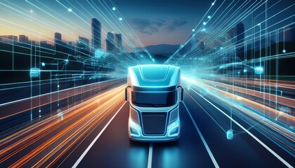 autonomous truck on highway with sensor data visualization