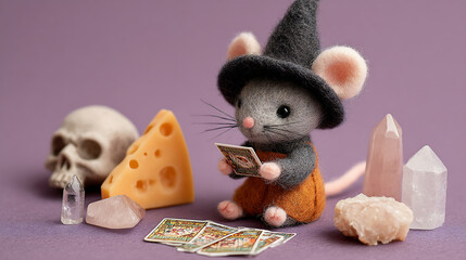 Cute Felt Mouse Witch with Tarot Cards, Crystals, Skull, and Cheese on Purple Background