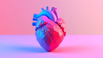 3D polygonal heart, vibrant neon hues