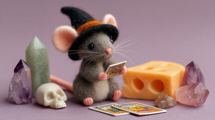 Felt Mouse Witch with Tarot Cards, Crystals, Skull, and Cheese on Purple Background