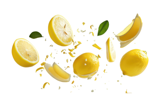 Fresh yellow lemons and green leaves scattered in a dynamic arrangement isolated on transparent background. Flying delicious lemon fruits isolated on white background.