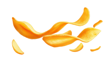 Potato swirling and falling isolated on transparent background. Flying delicious potato fries isolated on white background.