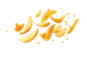 Potato swirling and falling isolated on transparent background. Flying delicious potato fries isolated on white background.