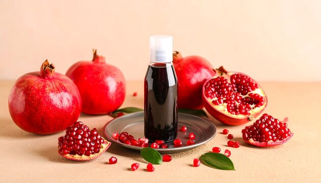 Pomegranate elixir and fresh fruits arrangement presented beautifully on table