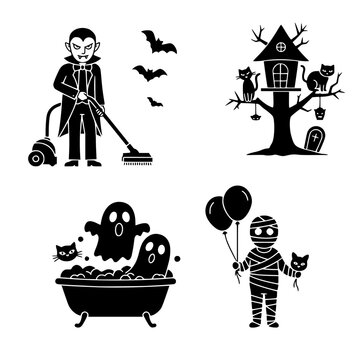 Cozy Halloween themed vector illustration set with vampire, ghosts, and spooky tree  