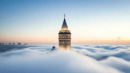 Galata Tower in Istanbul, Turkey, Above the Clouds at Sunset
