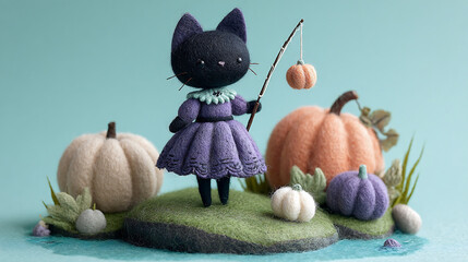 Cute Felt Black Cat in Purple Dress with Pumpkins on Grass Island