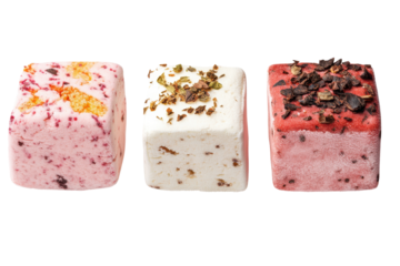 Assorted chocolate candies with decorative icing isolated on transparent background. Delicious marshmallows isolated on white background.