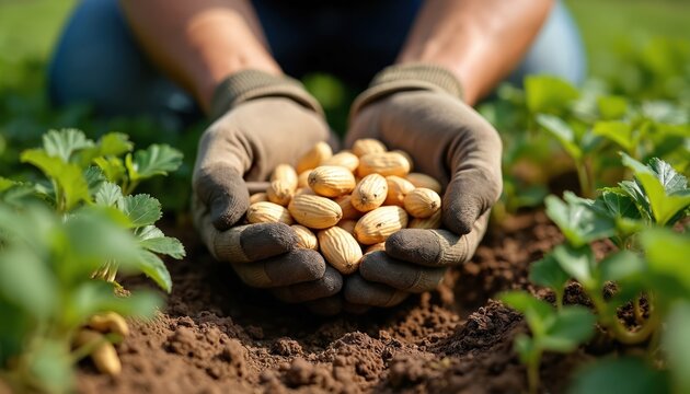 Farmer in gloved hands holding fresh peanuts just harvested from soil. Organic peanuts bounty surrounds farm field. Closeup captures healthy raw food, protein-rich snack ingredient with copy space.