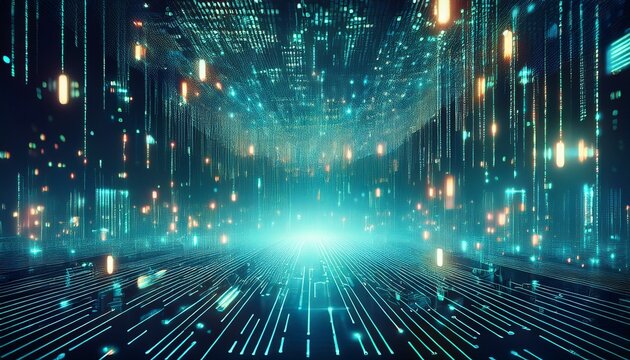 abstract digital background with binary code falling from the sky onto a circuit board