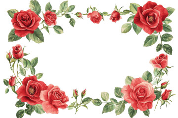 Vintage red roses border frame isolated on transparent background. Frame of luxurious red roses in full bloom with soft petals and green leaves isolated on white background.