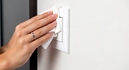 Hand wiping white light switch with tissue, home cleanliness and hygiene practice, suitable for cleaning product ads, household blogs, and safety tips, bright interior, neutral tones