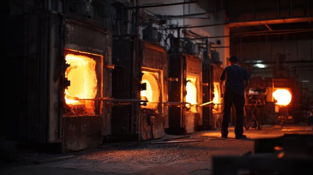 Scene inside an industrial glass workshop where a craftsman uses annealing ovens to slowly cool delicate glass creations after shaping molten forms.