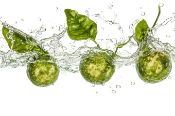 Fresh green limes with water splashes and leaves isolated on transparent background. Fresh limes splashing with leaves isolated on white background.