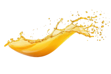 Dynamic orange juice splash frozen in motion isolated on transparent background. Fresh orange juice splash isolated on white background.