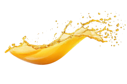 Dynamic orange juice splash frozen in motion isolated on transparent background. Fresh orange juice splash isolated on white background.