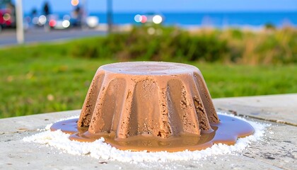 Melting chocolate dessert on a park bench, showcasing delicious treats